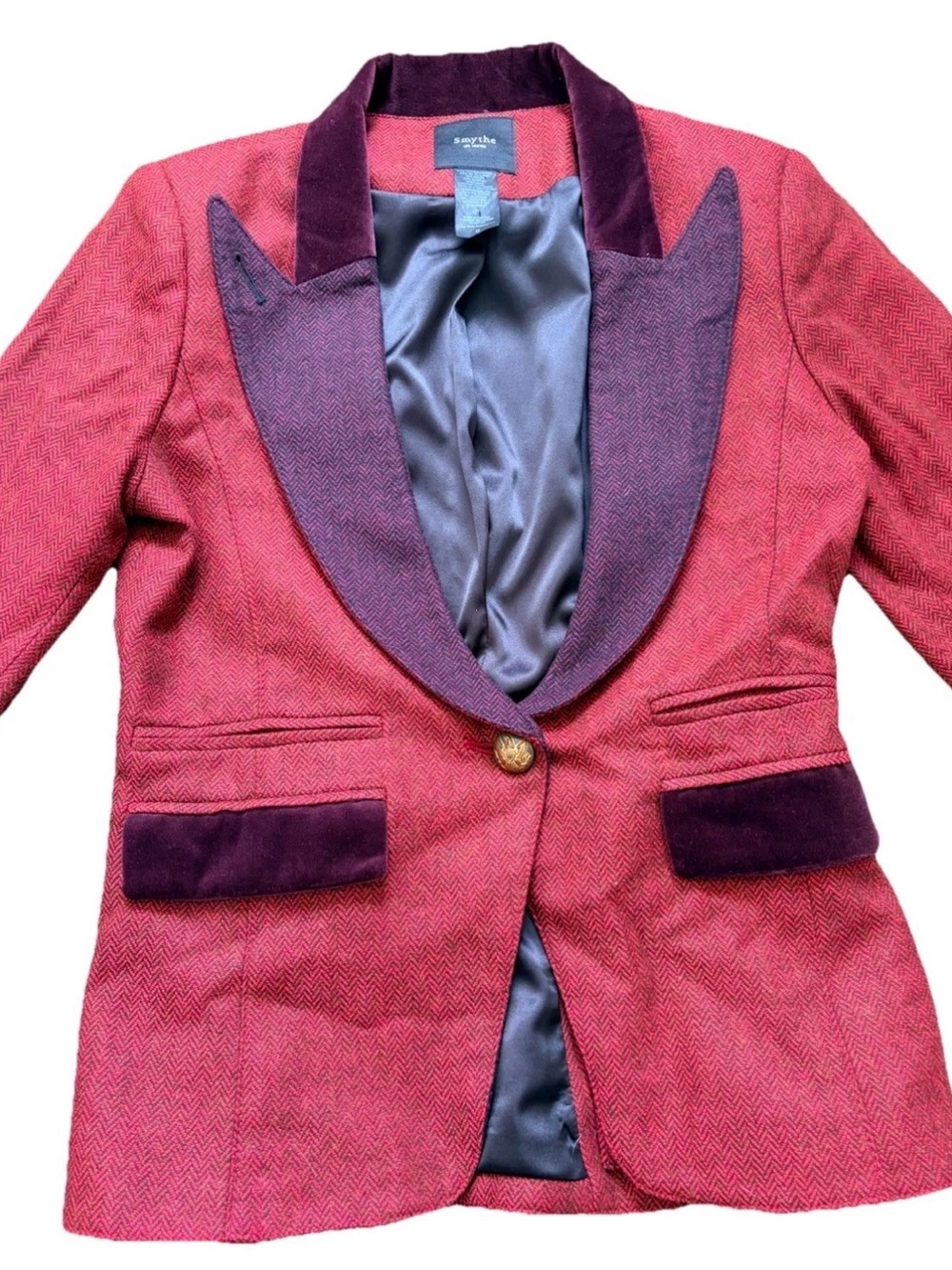 Smythe Red Blazer with Deep Purple Velvet Shawl Collar - Picture 2 of 4